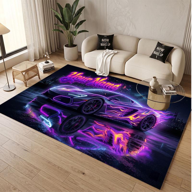 Auto-Rennsport-Thema Weicher Kristall-Samt Teppich Benutzerdefinierter Name & Text Druck Rutschfester Boden Teppich für Schlafzimmer Wohnzimmer