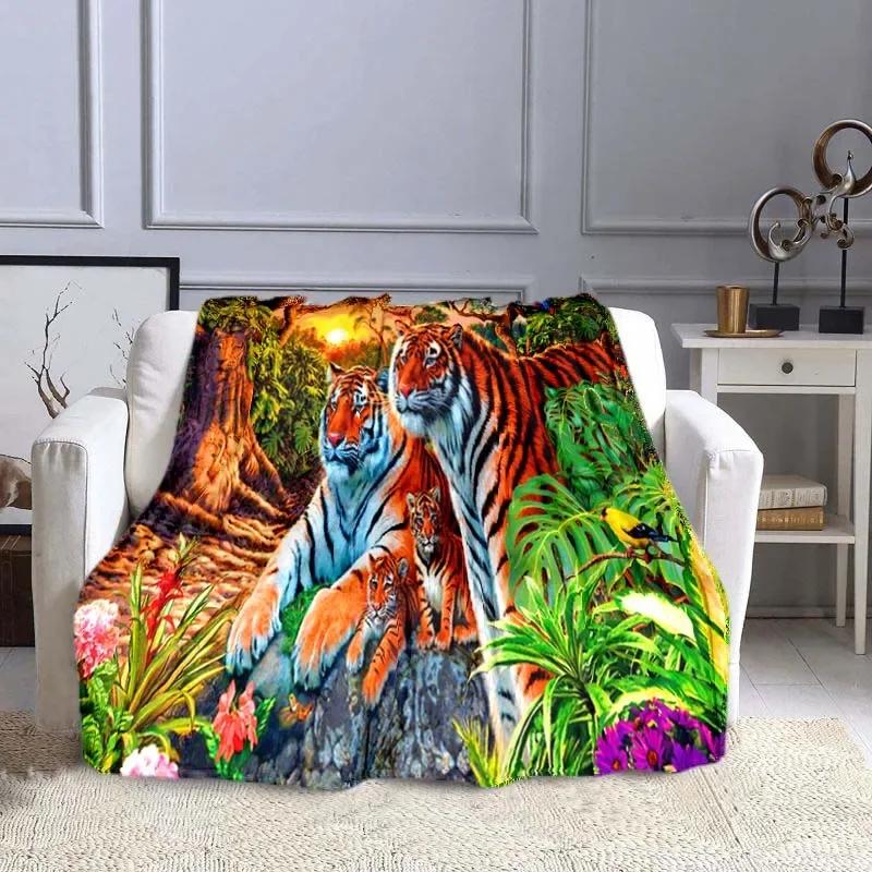 3D Print Tiger Wild Animal Pattern Flannel Blanket Bed Cover for Sofa Soft Adult Warm Throw Blanket Travel Throw Blanket