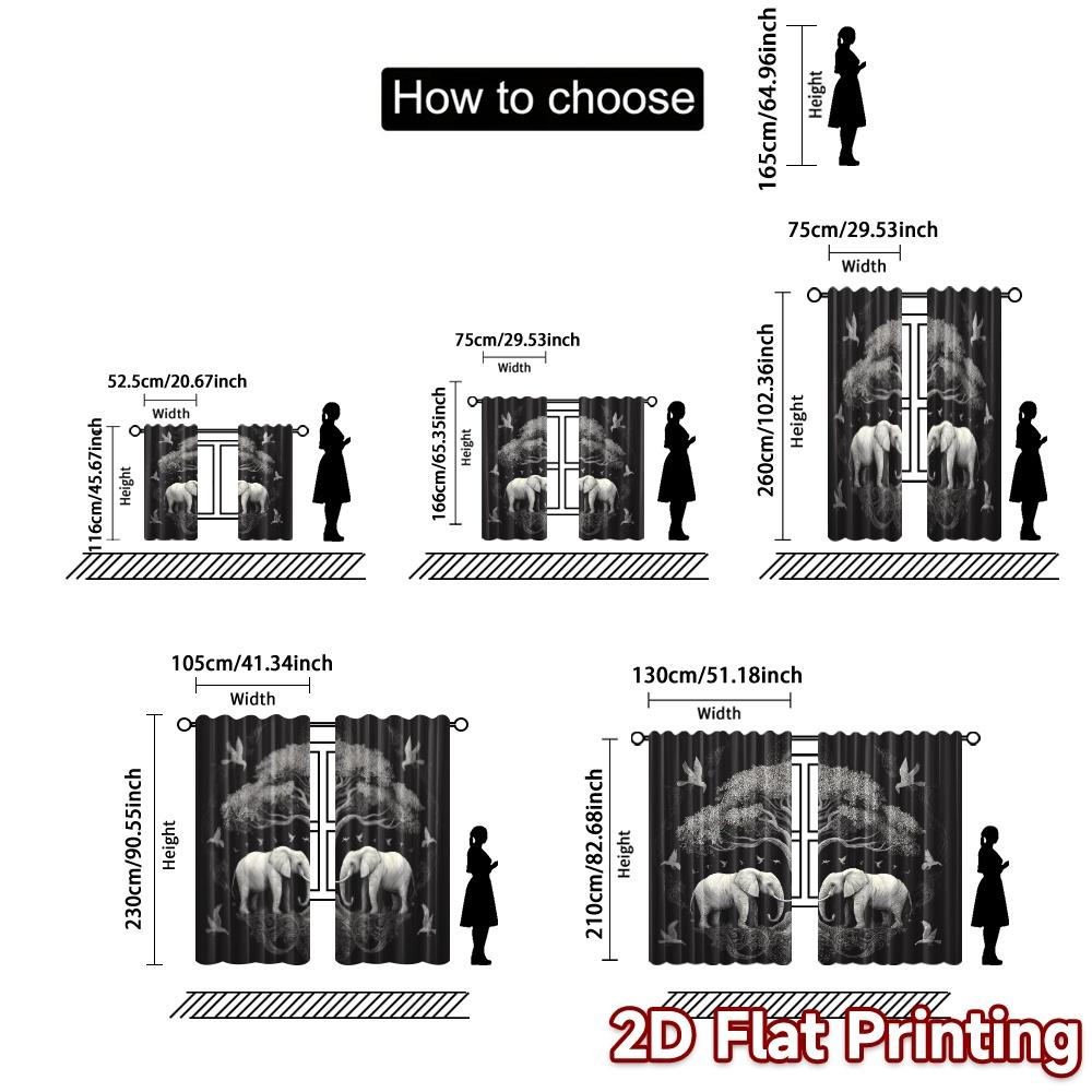 2 Stück, 2D-FLACHDRUCK Vorhänge (Ohne Stange) Elefantenharmonie(1) Schicke Lichtfilternde Vorhänge Strapazierfähiges 100% Polyestergewebe