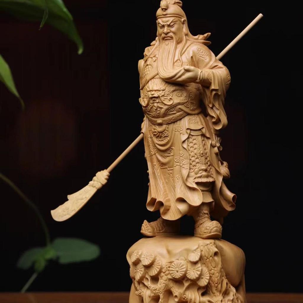 Small-Leaf Boxwood Carving: Mighty Guan Gong Ornament, Scenic Spot Style