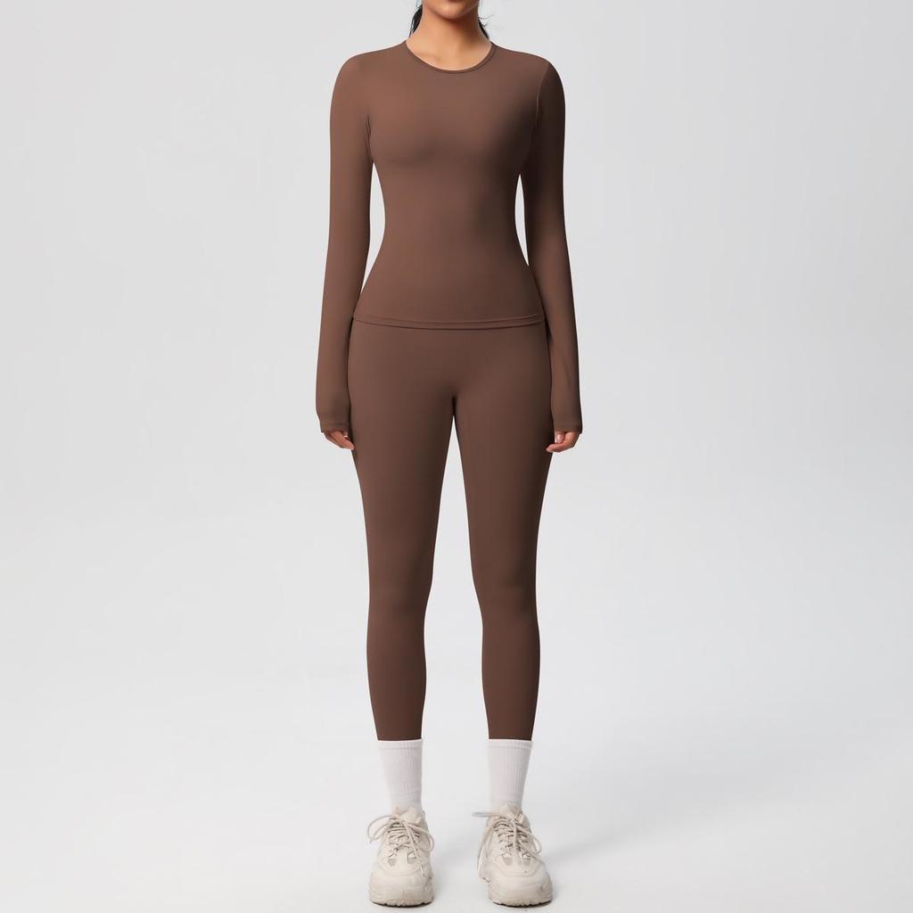 Dual-Sided Solid Color Long-Sleeve Yoga and Running Set - Two-Piece Fitness Outfit