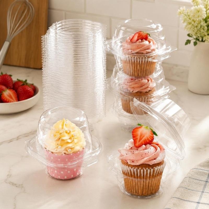 Individual Dessert Packages in Clear Plastic with Hinged Domed Covers and Fold-Over Fasteners for Takeout Display
