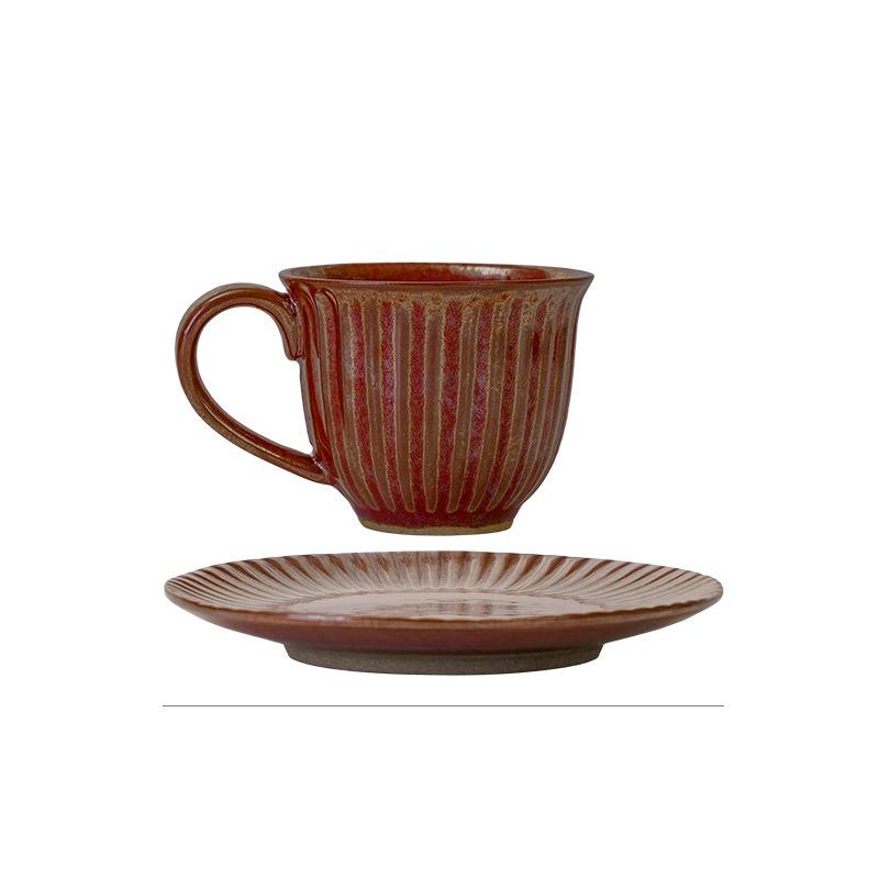 

A Set of Cups and Plates Coffee Cup Retro Style Ceramic Striped Office Afternoon Tea Coarse Pottery Drinking Water Milk Cup 200-400ml
