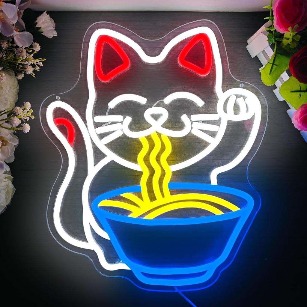Fortune Cat Ramen Neon Sign Cat Neon Sign Dimmable Japanese Noodles Led Neon Signs for Wall Decor Anime Light Up Signs Neon Lights for Bedroom Store