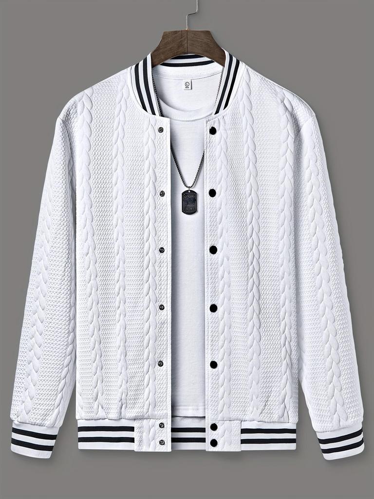 2025 Men's Cross-Border Casual Jacket: Autumn/Winter, Wheat Ear Jacquard, Contrasting Ribbed Long Sleeve