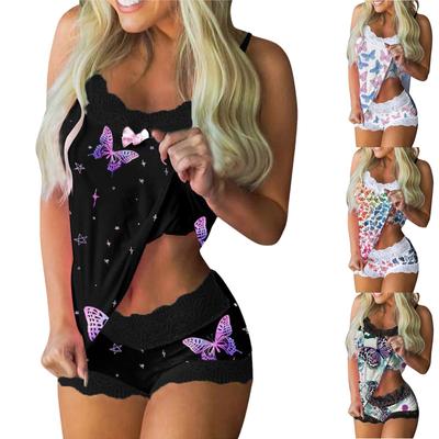 Damesprintpyjama's, mouwloze kanten cami-shorts, lingerie-nachtkledingset