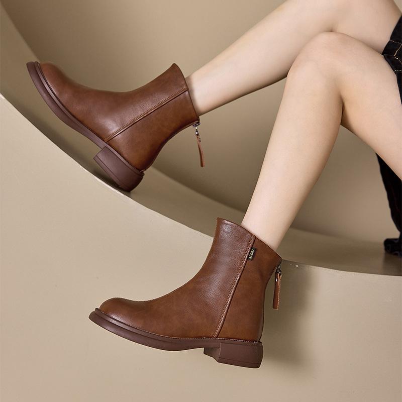 Women's Boots 2025 Autumn/Winter Plush Soft Leather Boots Women's Korean Edition Back Zipper Women's Boots Retro Casual Shoes