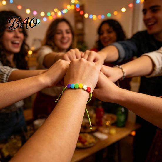 Fashionable Stackable Bracelet Colorful Hearts Bracelet, Handmade Braided Cord String Adjustable Sweet Aesthetic Hand Ornament Heart Shaped Clay Beads
