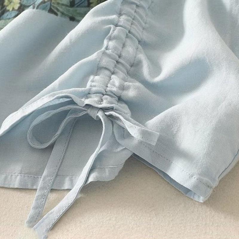 Cotton Short Sleeve T-Shirt Women Summer Hemp Printed Drawstring Loose Casual Round Neck Pullover Tops