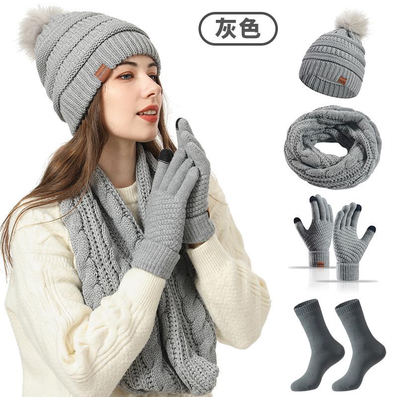 Women Winter Beanie Hat Scarf Gloves Socks 4 Piece Set Thick Warm Knit Cap Set One Size Multicolor