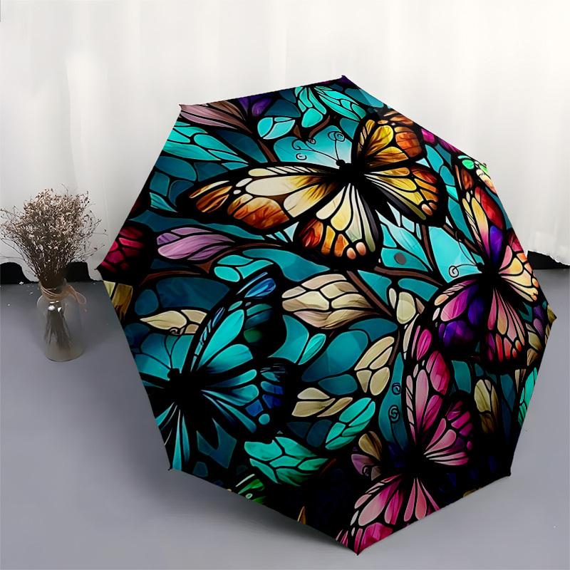 1pc Stained Glass Butterfly Design Automatic Folding Umbrella - Portable 3-Fold Design with 8-Bone Iron Frame, Outdoor for Fans, Travelers, Daily Use,