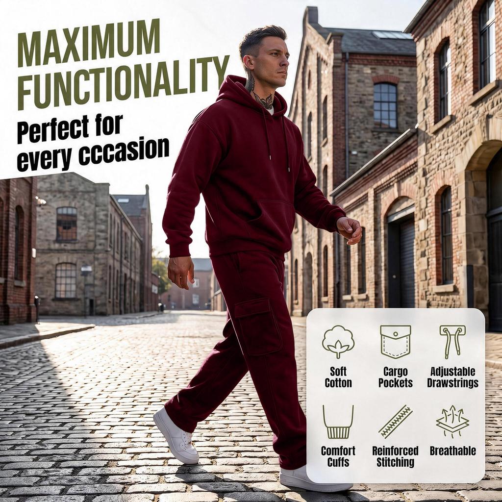Men's 2-Piece Outfit Set, Hooded Sweatshirt and Cargo Straight Leg Pants, Casual Streetwear
