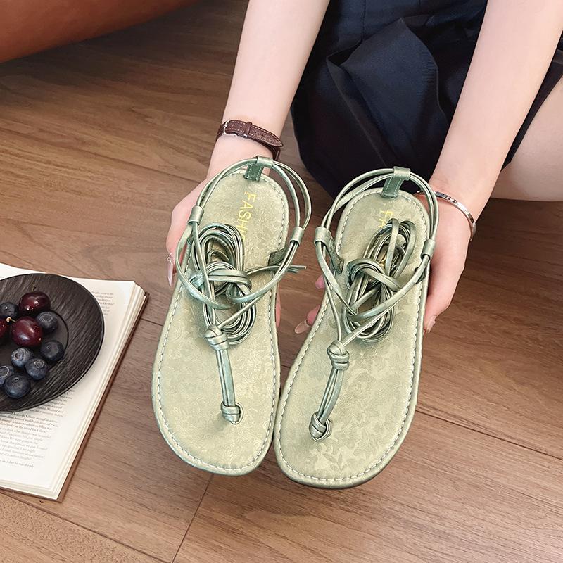 Retro Vacation Style Toe Sandals Fairy Shoes 2025 New Summer with Skirt Beach Shoes Flat Roman Shoes