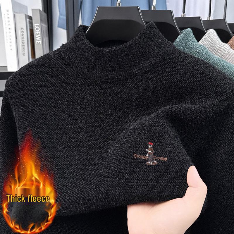 Men's Fleece-Lined Half-High Neck Knitted Sweater - Warm Embroidered Autumn/Winter Base Layer