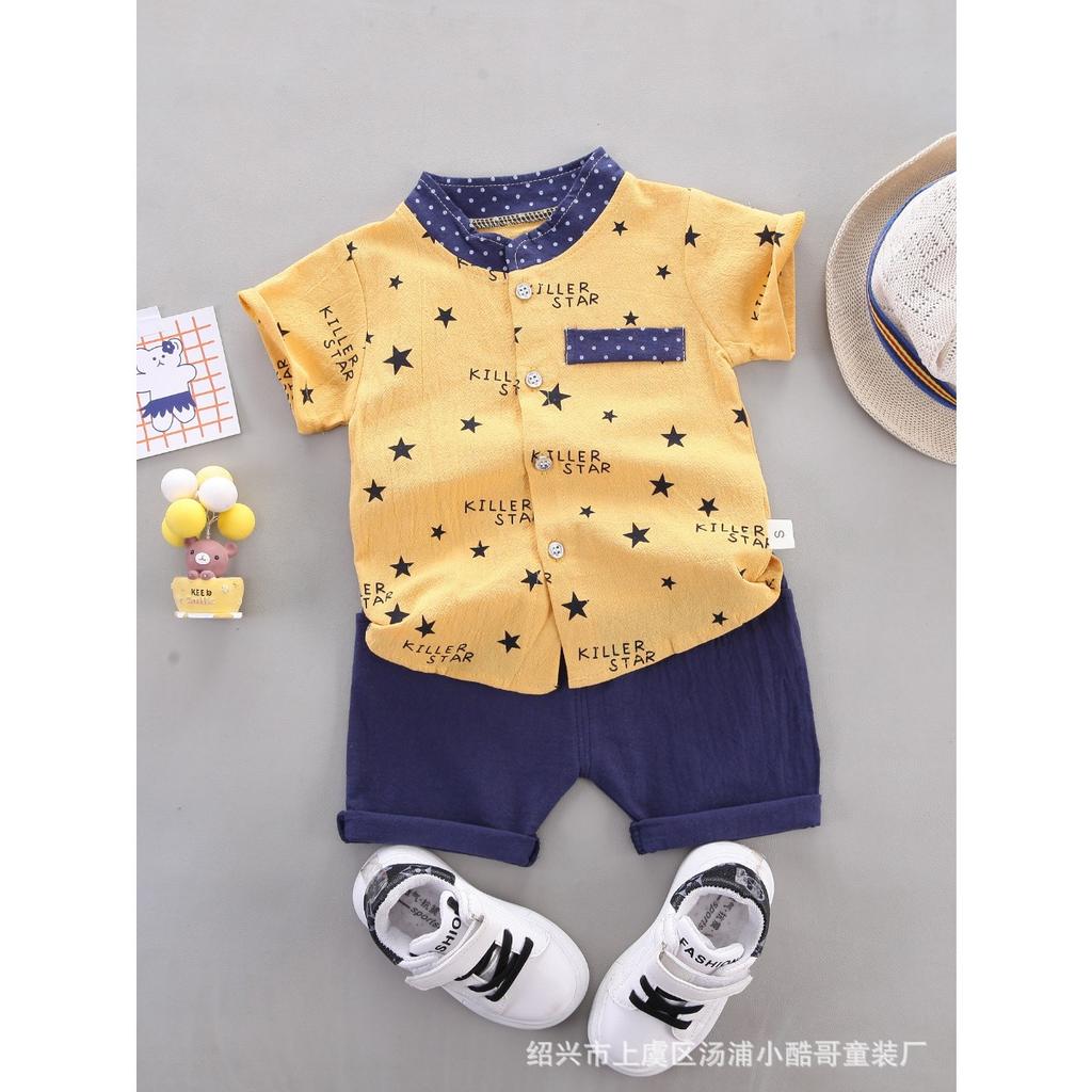 Summer Printed Pyramid Shirt Short Sleeved Shorts Set for Male and Female Infants and Young Children