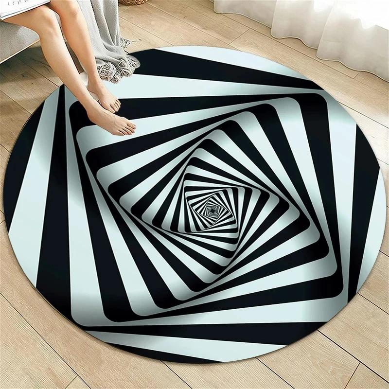 Crystal Velvet Psychedelic Round Rug, Abstract Geometric Illusion Print Non Slip Floor Mat for Living Room, Bedroom, Sofa Decor