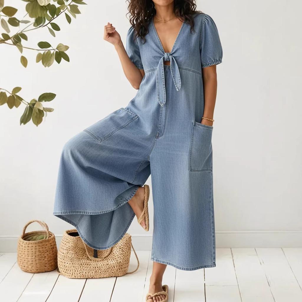 Women's V Neck Short Puff Sleeve Front Tie Pocket Loose Wide Leg Denim Jumpsuit