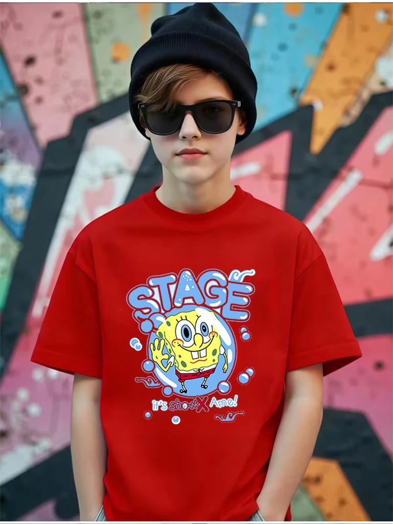 Bouncy SpongeBob Short Sleeve T Shirt Children Summer Cute Crewneck Casual Boys Girls 3-14