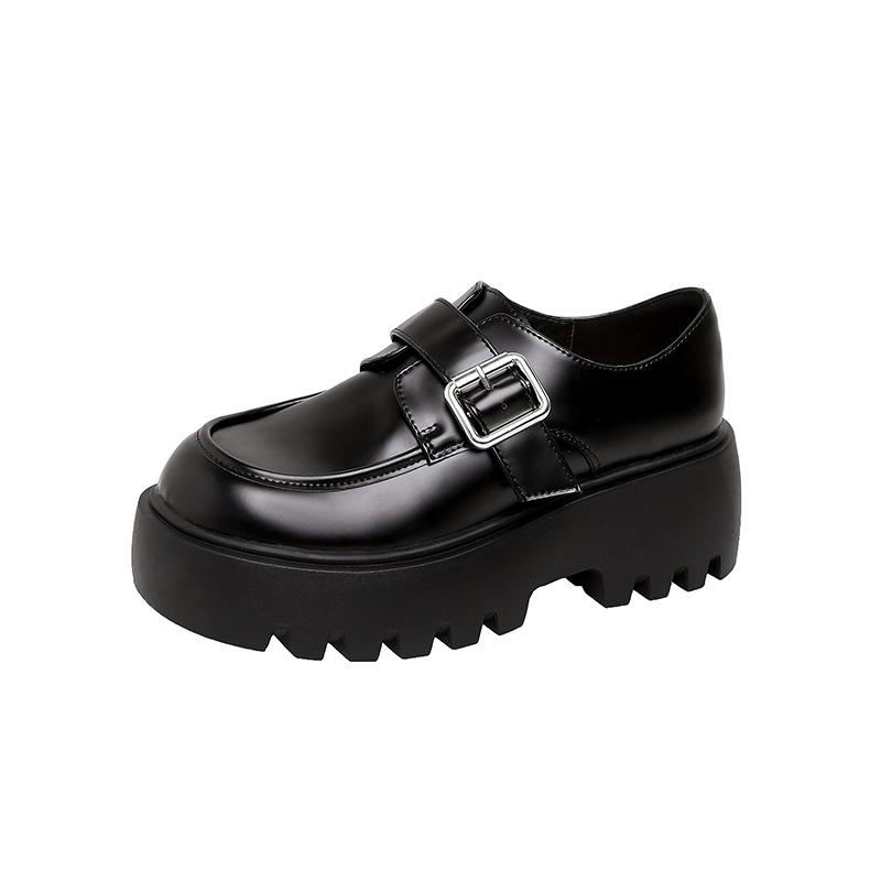 

Cowhide version of the same style, college round head metal one-word buckle with heightened thick heel thick sole Love small leather shoes for wo 40