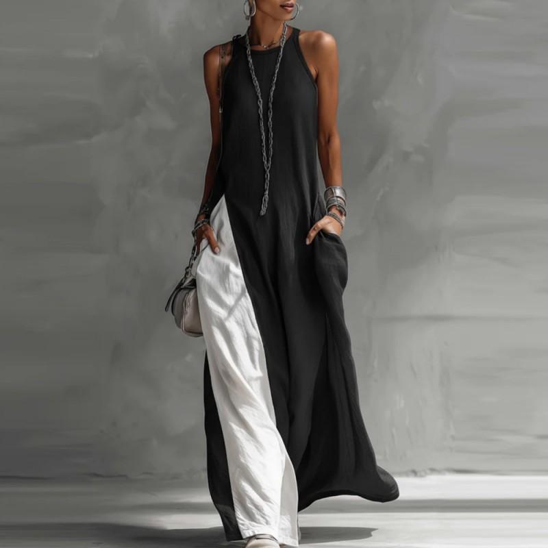 2026 Womens Sleeveless Loose Pocket Color Block Off Shoulder Casual Dress