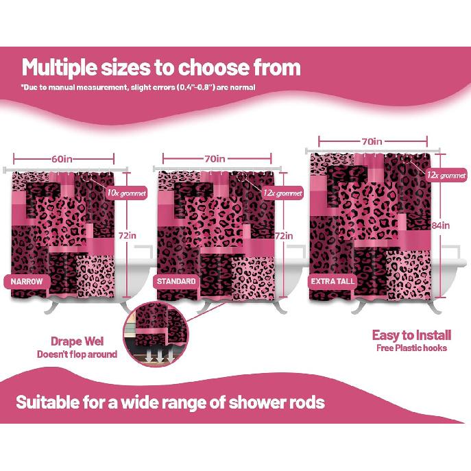 Dark Pink Leopard Shower Curtain Hot Pink Geometric Cheetah Print Shower Curta for Girls Bathroom Decor, Waterproof Fabric 70 x 72 inch with Hooks