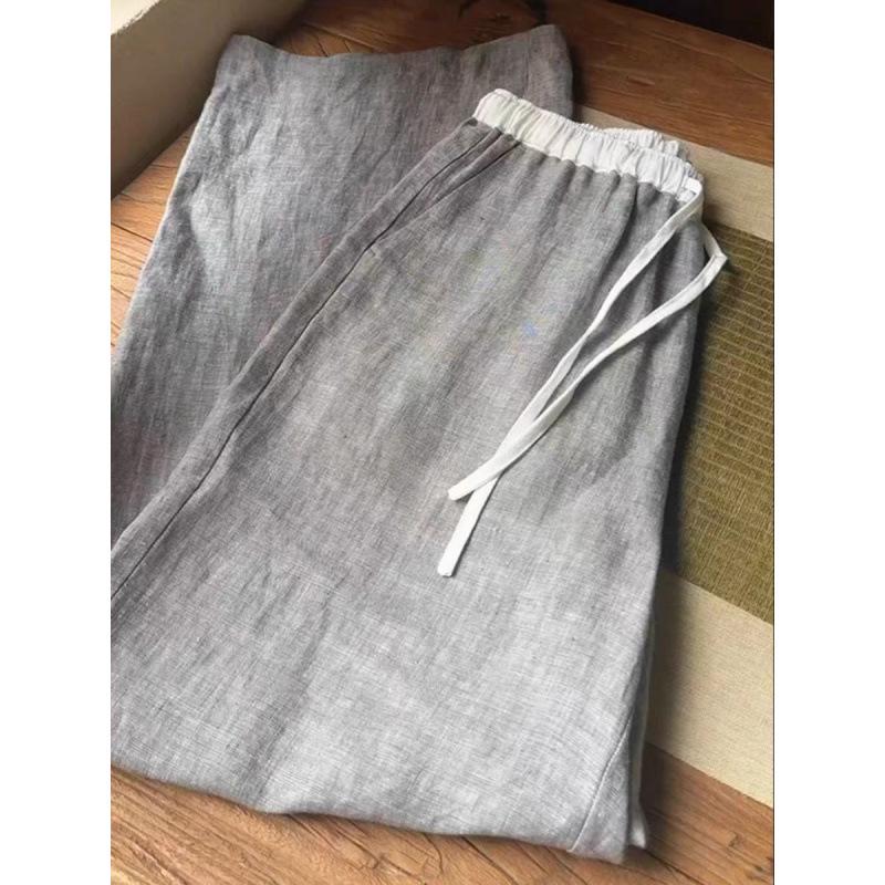 Elevated Chic: Gray Spliced Linen Wide-Leg Pants with Drawstring Elastic Waist XL
