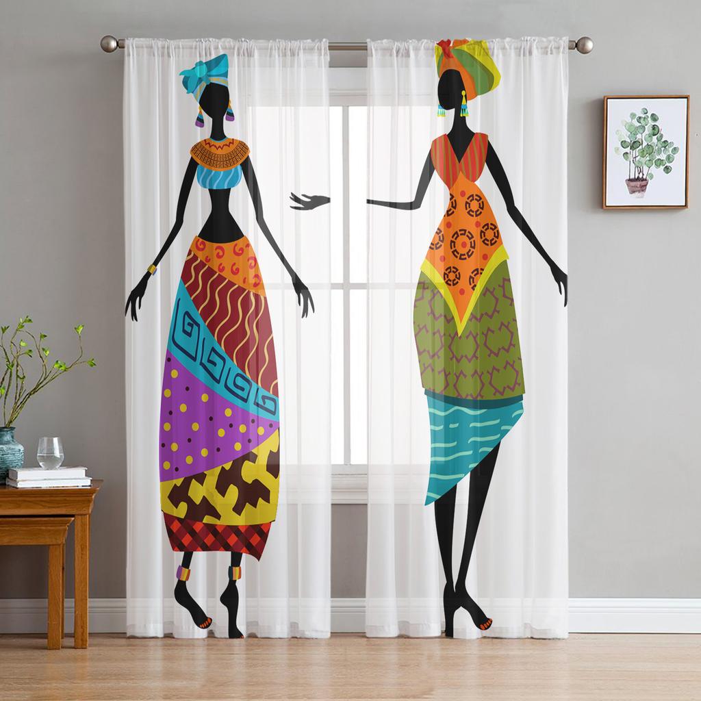 African Black Women Tulle Curtains For Living Room Bedroom Kitchen Decoration Chiffon Sheer Voile Window Curtains Custom Drape