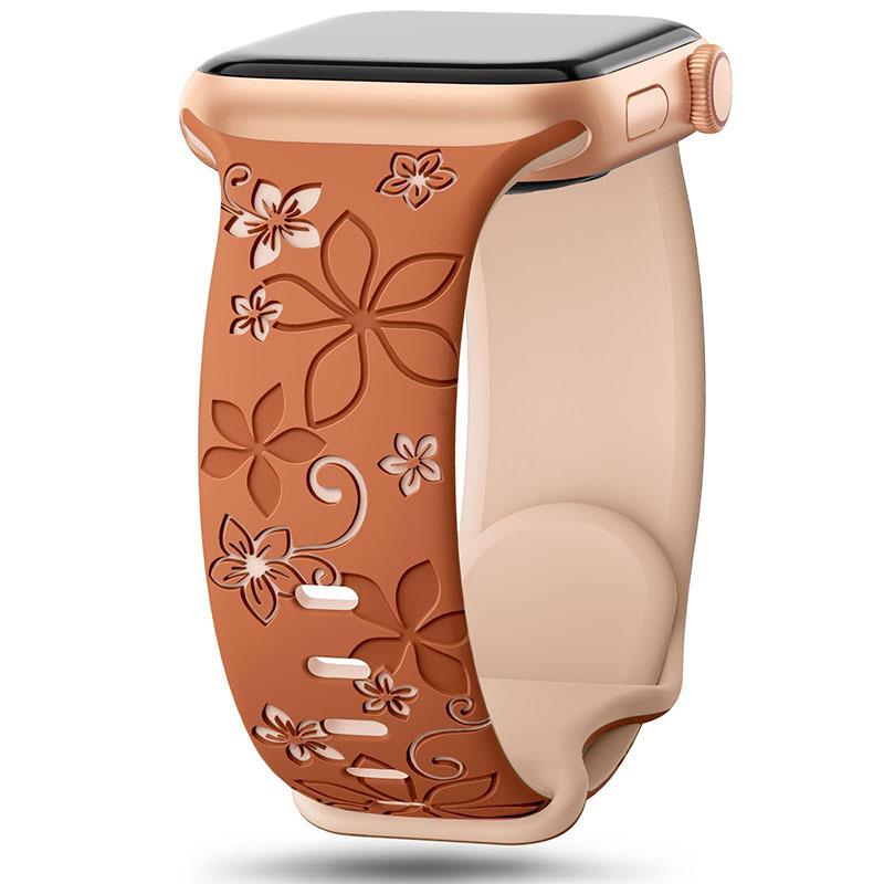 Embossed Floral Silicone Apple Watch Strap: Unisex, Sports, Two-Tone, Infinity Buckle.