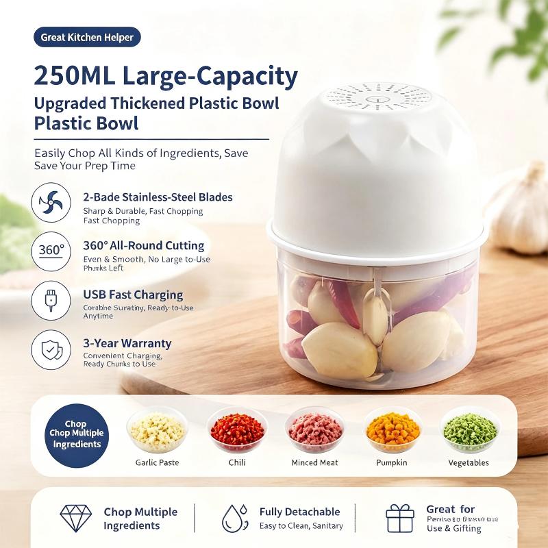 Wireless Electric Garlic Chopper 2 Stainless Steel Blades 250Ml Glass Container For Home Kitchen Mincing Garlic Veggies Spices