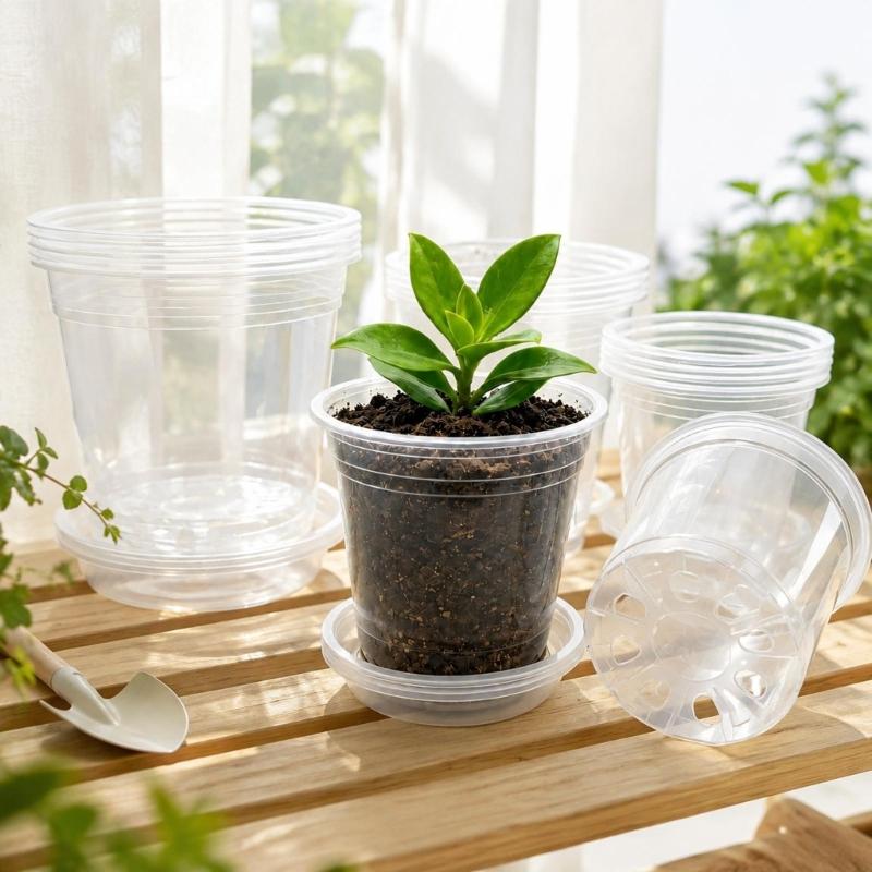 20 See-Through Nursery Pots and 20 Separate Base Plates with Multiple Bottom Drainage Openings for Cuttings, Herbs, and Vegetable Starts