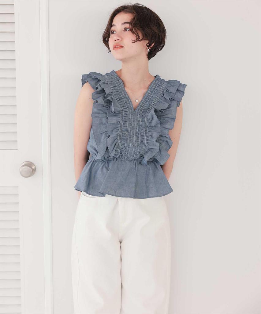 Titibait Shirred Ruffle Sleeveless Blouse AFXP4275 Medium Blue Women's