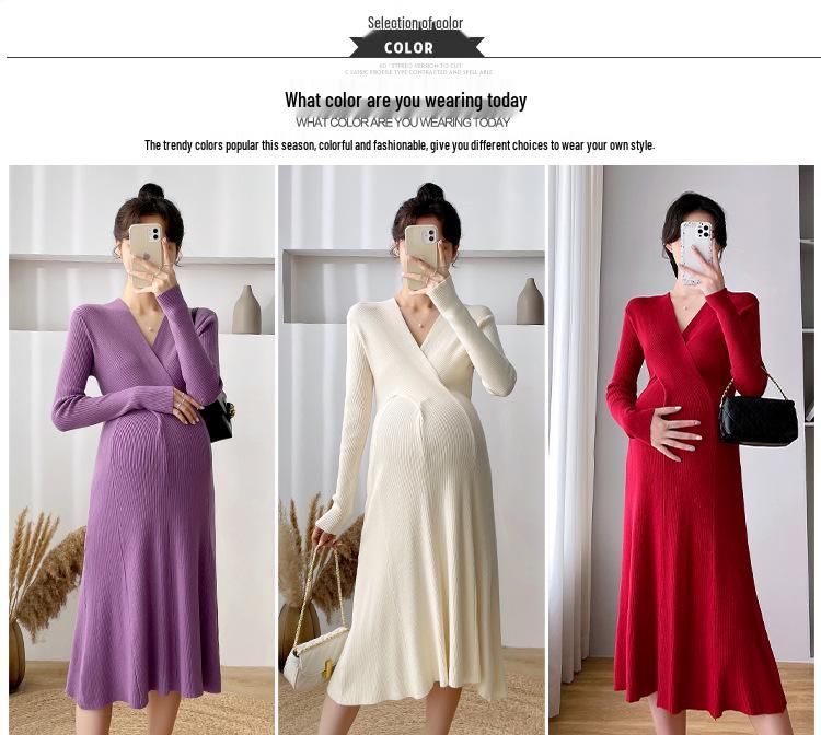 Solid Color Maternity Sweater Dress - Knit Core-Spun Yarn for Autumn/Winter
