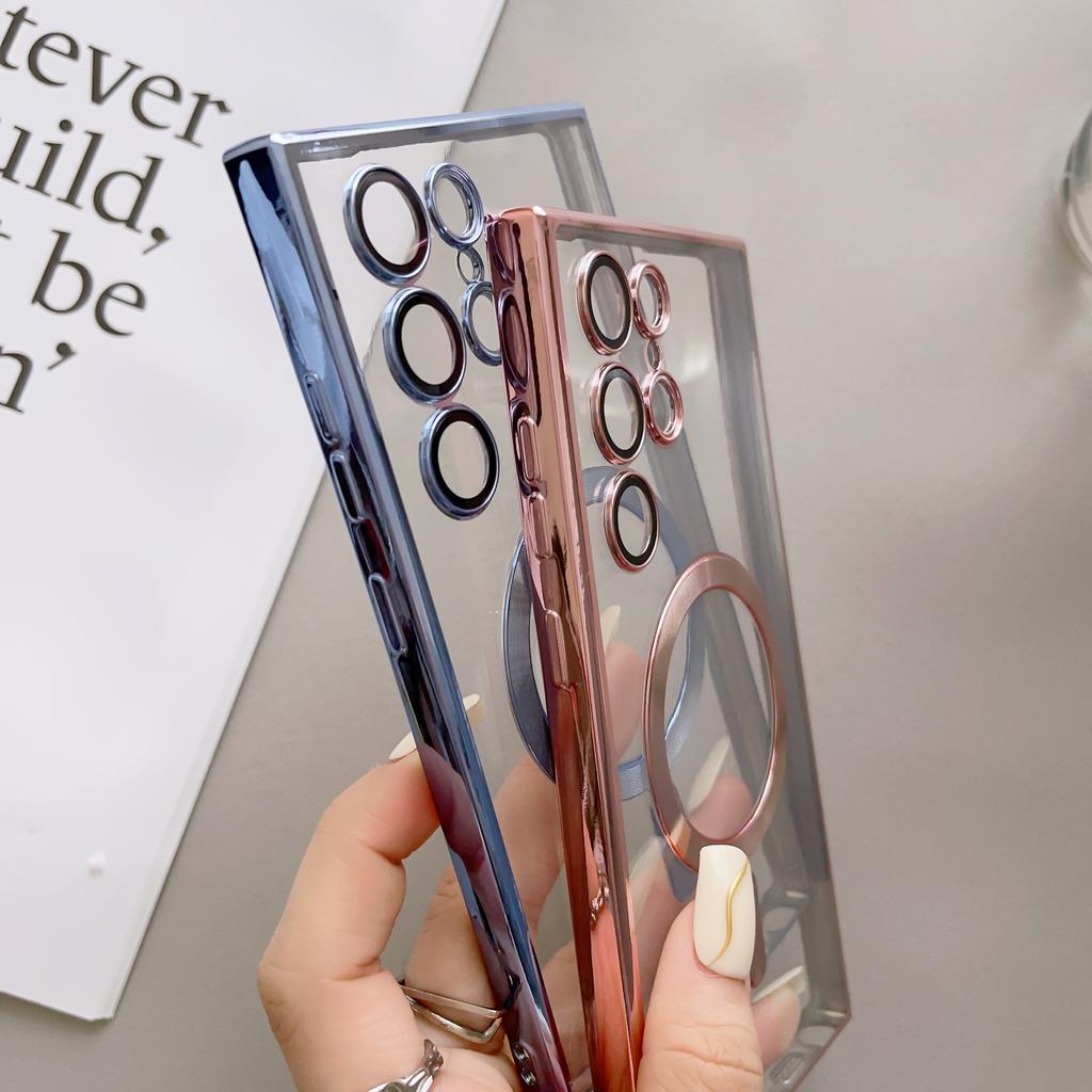 For Magsafe Samsung Galaxy S23 S22 S21 Ultra Plus Case Transparent Plating Magnetic Wireless Charging Silicone Shockproof Cover