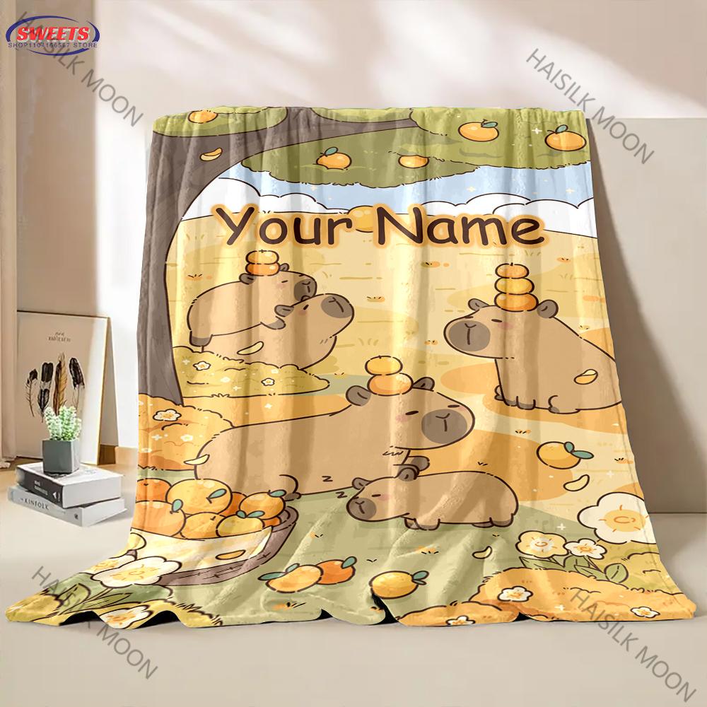 Cute Capybara Cartoon Flannel Fluffy Throw With Exclusive Name Camping Blanket for Children Sofa Throw Thin Blanket Fashion Gift