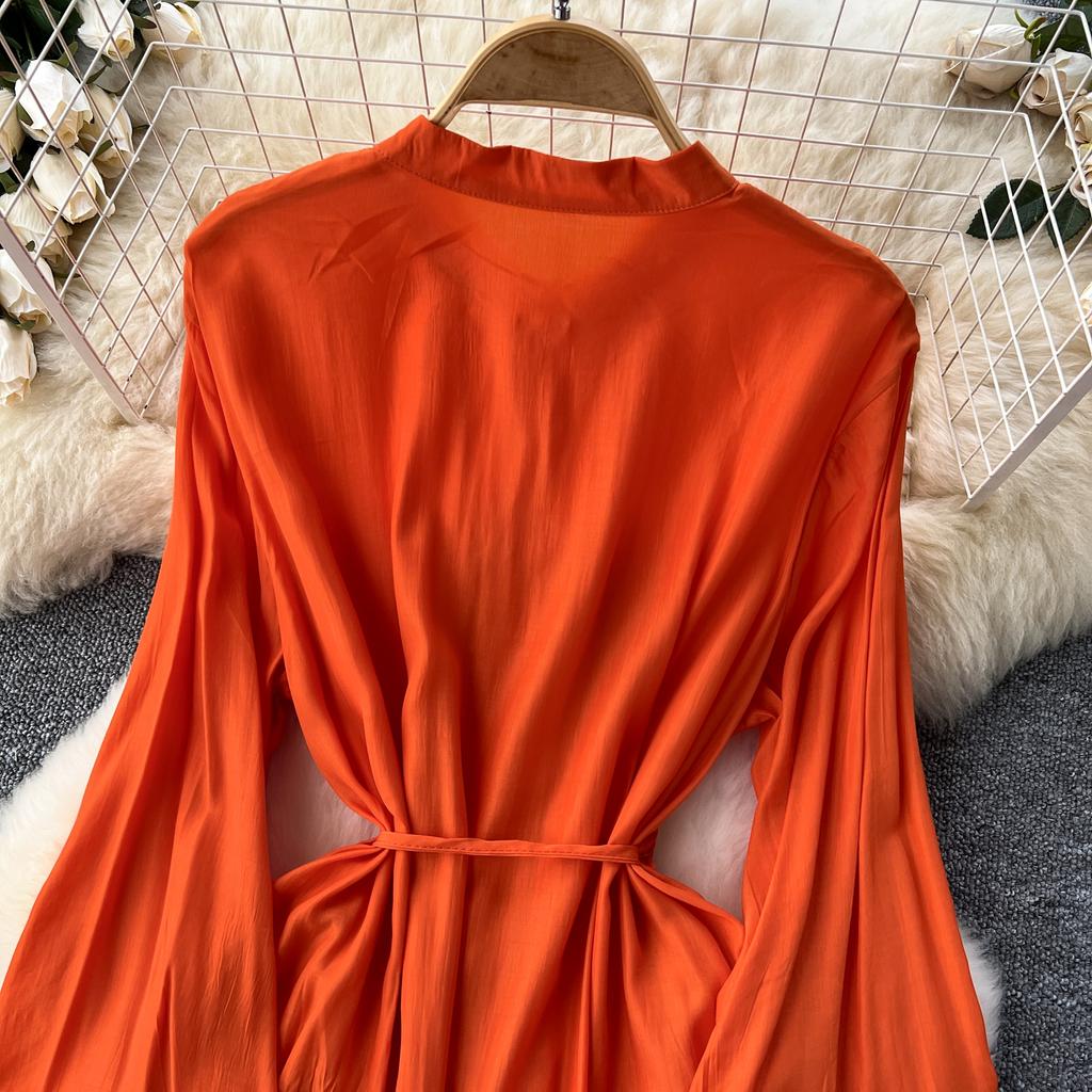 Frenchic Vintage Maxi Dress Women Stand Collar Lantern Sleeve Lace-up Female A-line Elegant Dresses Spring Autumn