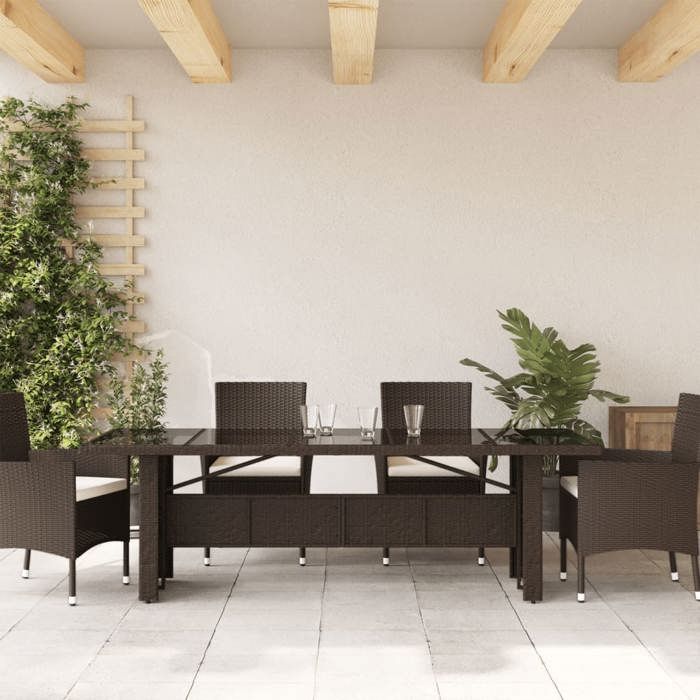 VidaXL Table de jardin avec dessus en verre marron résine tressée, table d'extérieur, table à manger de jardin, meuble de 365598