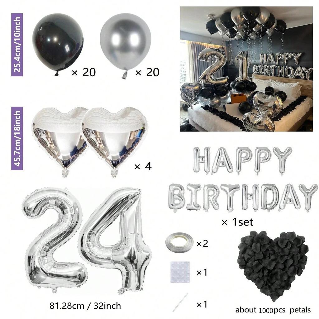 Black Silver Party Birthday Banner Heart-Shaped Aluminum Foil Balloon Rose Petals, Birthday, Anniversary, Atmosphere Decoration