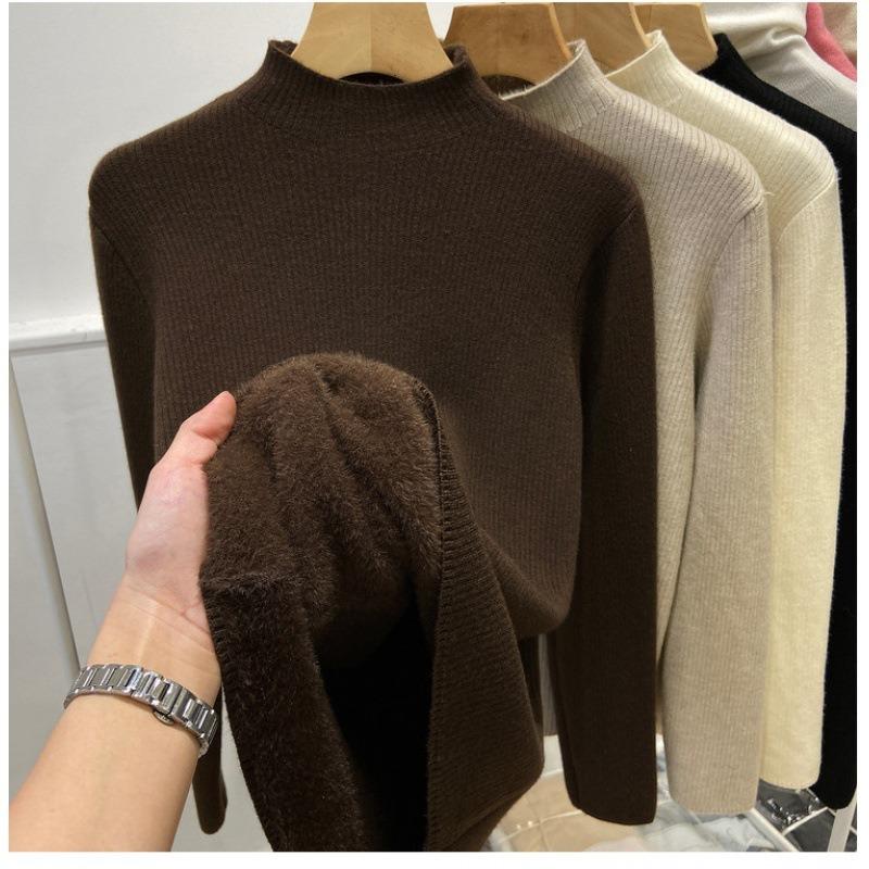 Winter Fleece Thickened Knitted Bottoming Shirt Women's Integrated Fleece Semi-turtleneck Pullover Warm Inner Top