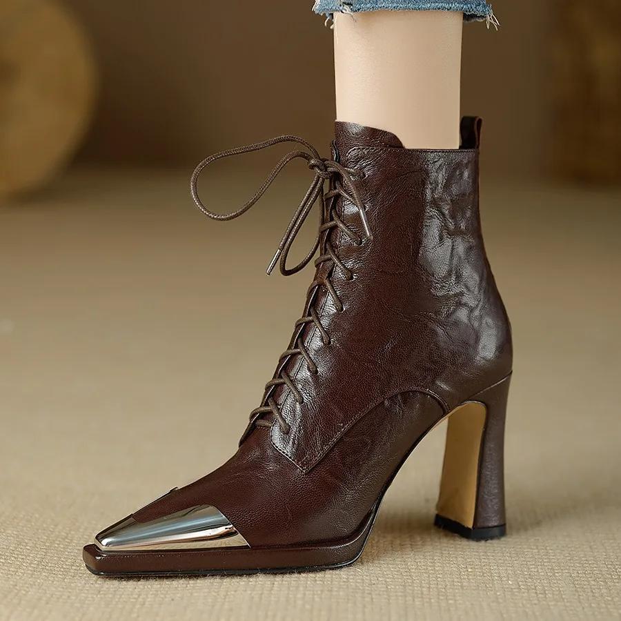 Pointed Toe Women Ankle Boots Sexy High Heels Leather Shoes 2024 Trend Autumn Boot Fashion Lace Up Goth Botas Mujer