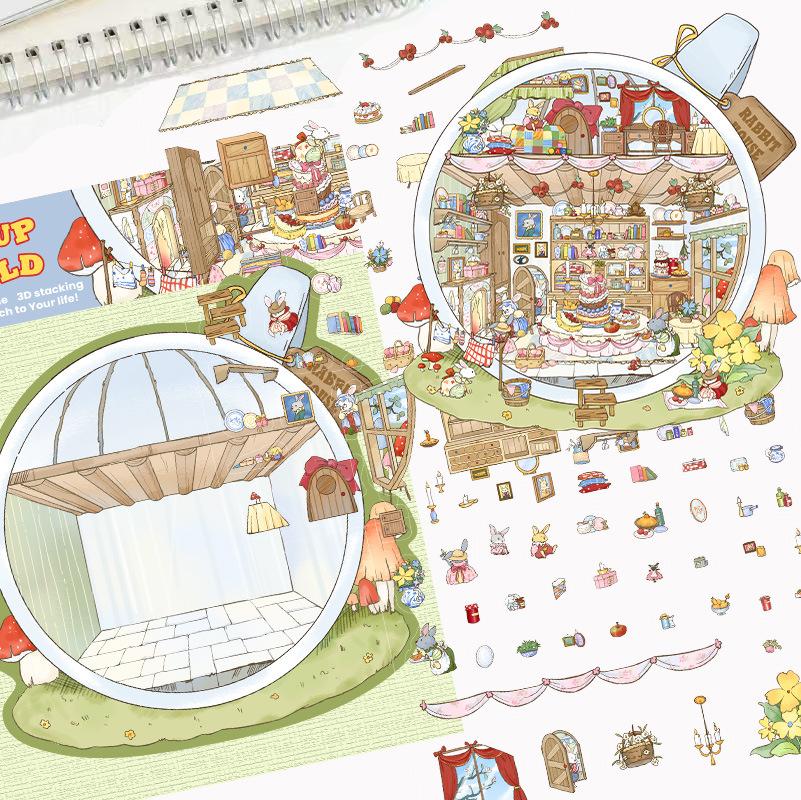 Cartoon Landscape Sticker Cute Miniature World 3D Three-dimensional House Unzipped DIY Scene Handbook Sticker