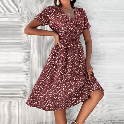 Fashion Women's Casual V-Neck Printed Midi Skirt Elastic Waist Dress