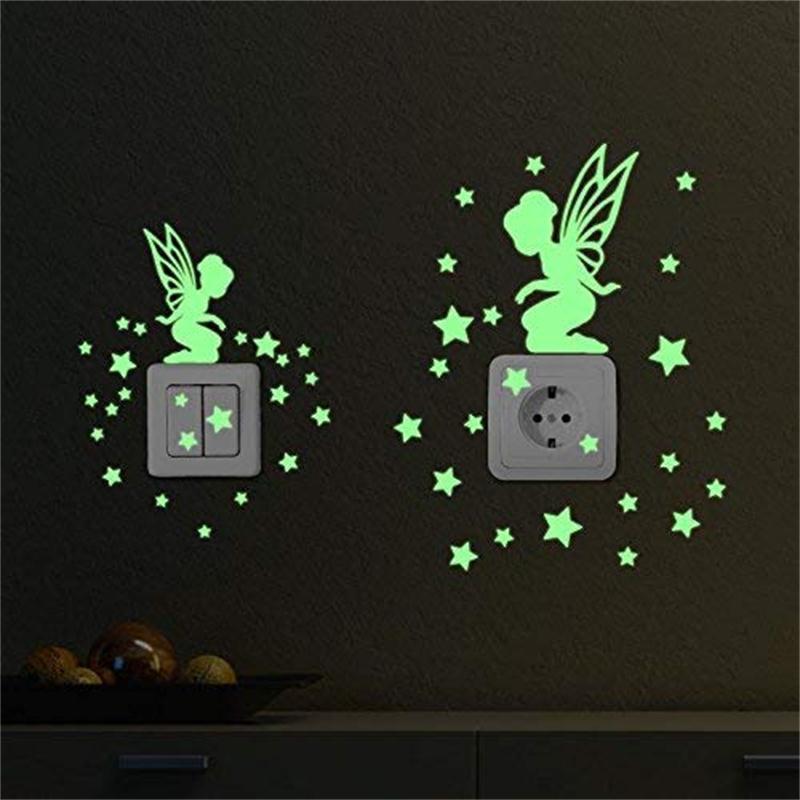 Cartoon Luminous Animal Switch Sticker Glow In The Dark Wall Stickers for Kids Room Home Decor Cat Fairy Moon Star Decals