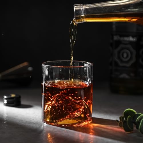 Whiskey glass, rocks glass, sake glass, clear glass tumbler with Kanzan mountain design, wooden box included (approx. 325ml capacity)