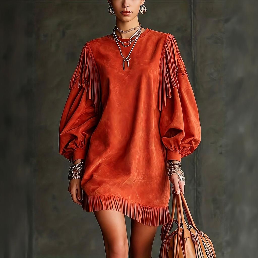Damen Boho Quastenärmel Kurzkleid Lockerer Schnitt Mehrfarbig für Arbeit und Urlaub