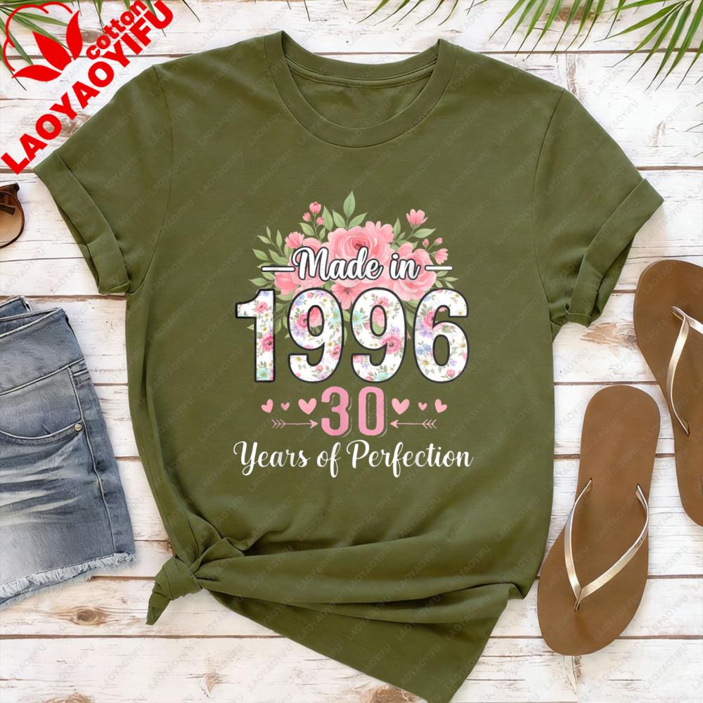 Made in 1996 30th Birthday Women TShirt Floral Design Cotton Short Sleeve Casual Summer Top Gift for Her Fashion Tee