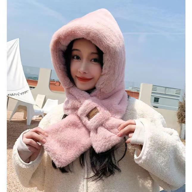 Hat Scarf Integrated Women's Winter Cycling Wind-Proof Cap Cold-Proof Warm All-Matching Plush Thickened Scarf Round Face Ear Protection