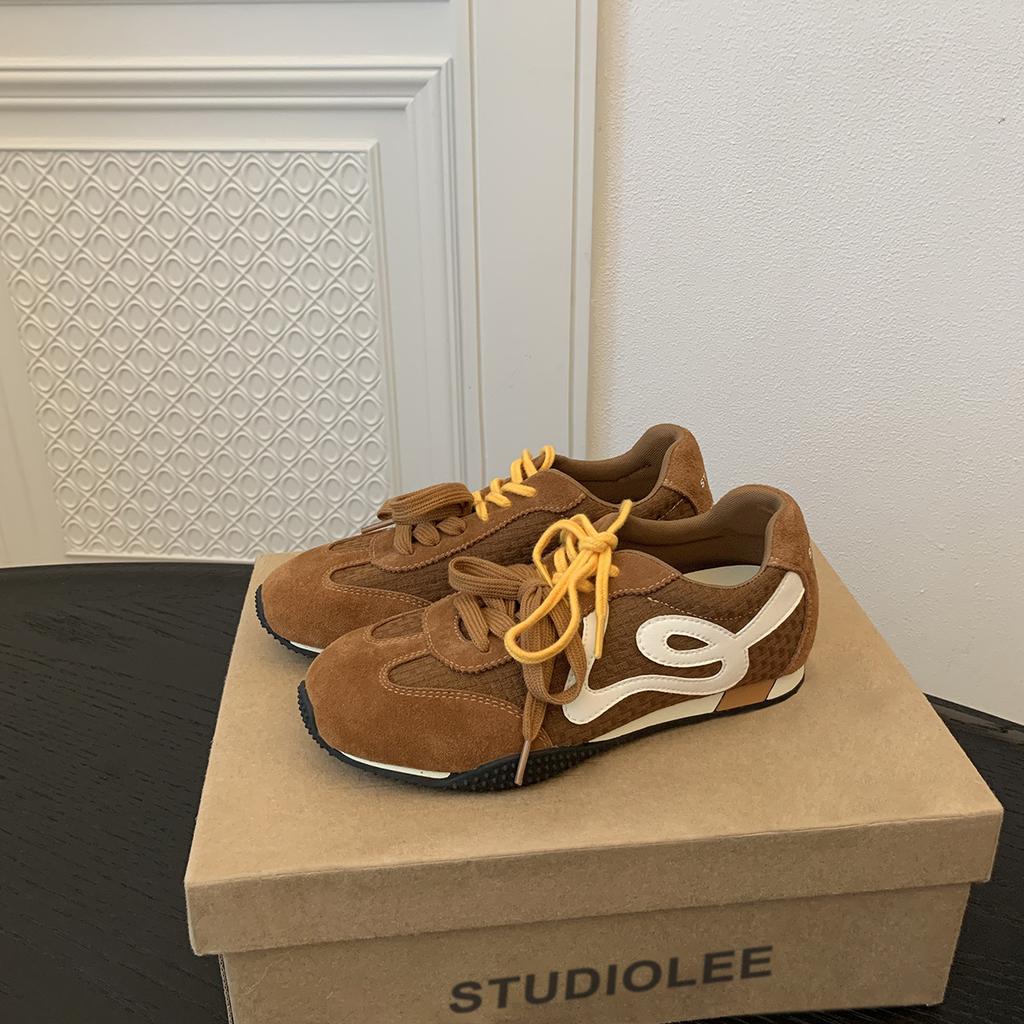 2025 autumn retro contrasting color mandarin duck shoelaces texture casual board shoes women's round head versatile platform German training shoes