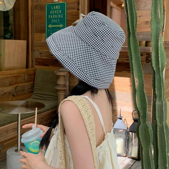 Women's Korean Style Plaid Fisherman Hat - Large Brim, UV Protection, Foldable for Spring & Summer