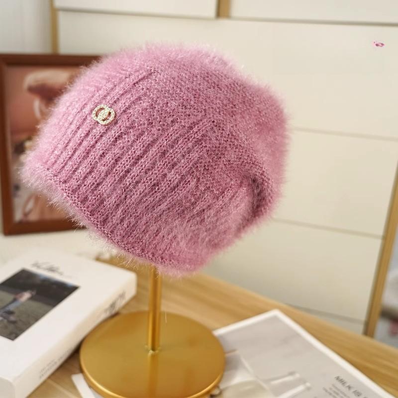 Women Pile Cap Autumn Winter Double Layer Squirrel Velvet Drill Label Warm Solid Color Knitting Padded Woolen Cap