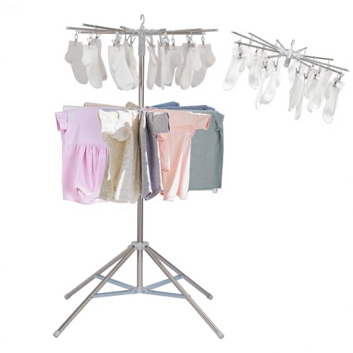 VECELO Clothes Drying Rack, Stand-Type, 2-Tier, Approx. 106cm Diameter X 127-181.6cm High, Foldable, Adjustable Height, Parasol Clothes Drying Rack, C